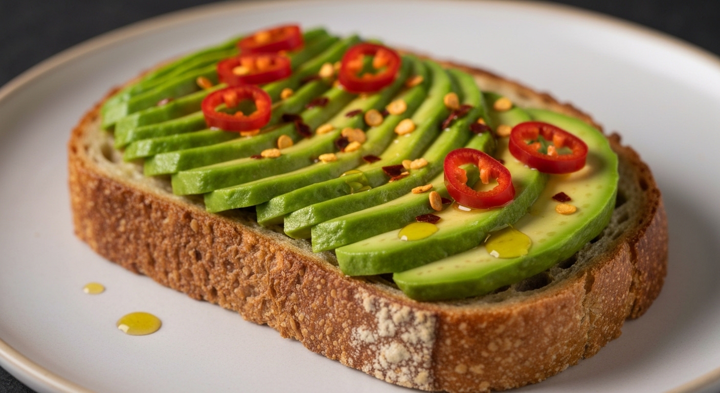 A close-up shot of a thick slice of sourdough toast on a ceramic plate, topped generously with creamy green avocado slices, bright red chili flakes, and delicate microgreens. The toast has a perfectly golden-brown crust and a soft interior. The background is softly blurred.