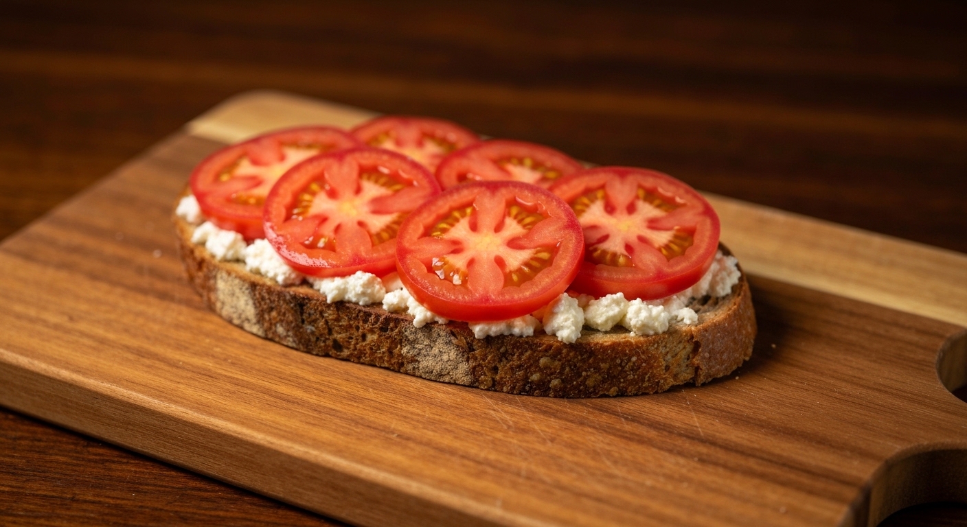A beautifully styled wooden cutting board featuring a thick slice of sourdough toast topped with vibrant red heirloom tomato slices, creamy white burrata cheese, fresh green basil leaves, and a drizzle of golden olive oil. The scene is bright and naturally lit, suggesting freshness.