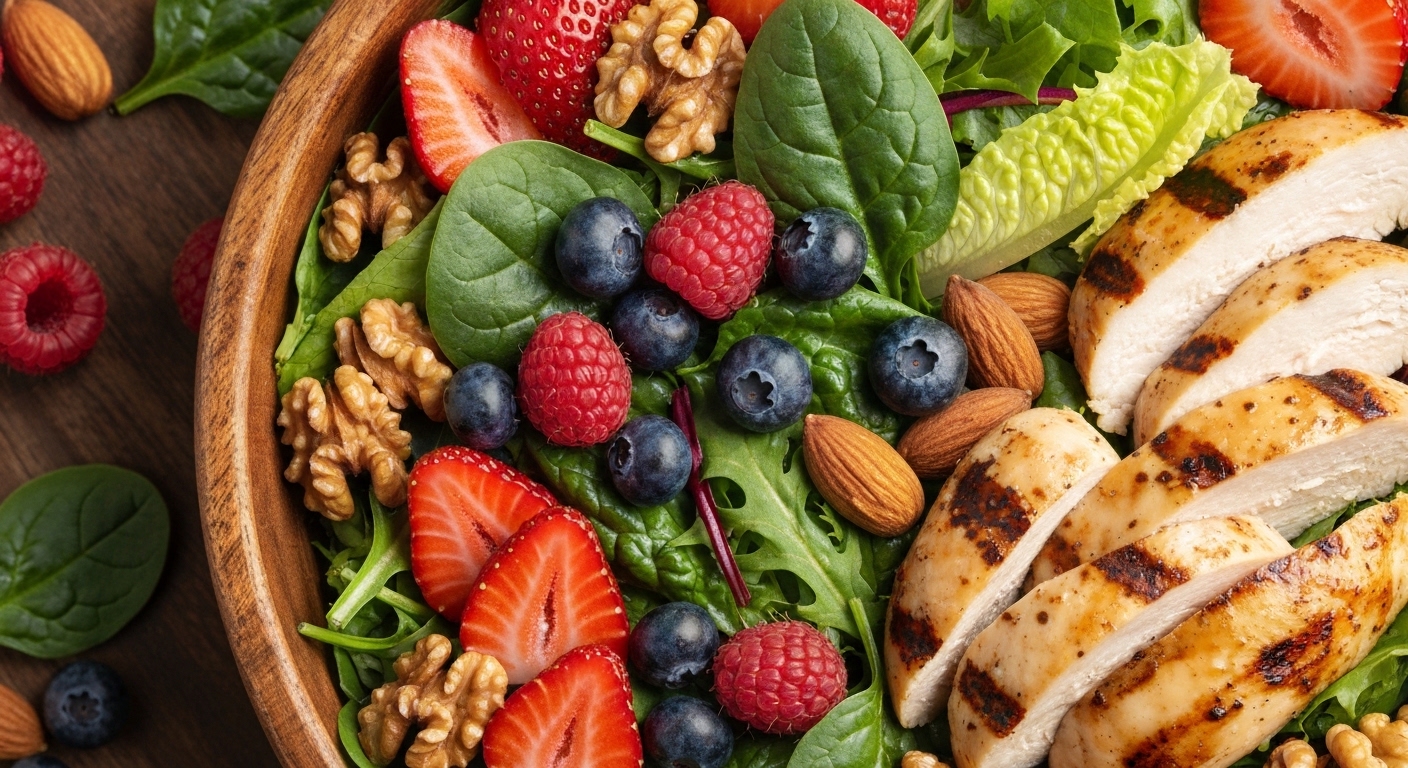 A close-up overhead shot of a colorful salad bowl filled with fresh greens, berries, nuts, and grilled chicken, perfectly arranged, with soft light illuminating the textures.