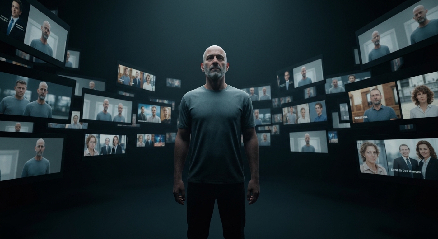 A person standing alone in a vast digital void, surrounded by floating screens displaying only their own reflections and familiar content, symbolizing an echo chamber and digital isolation