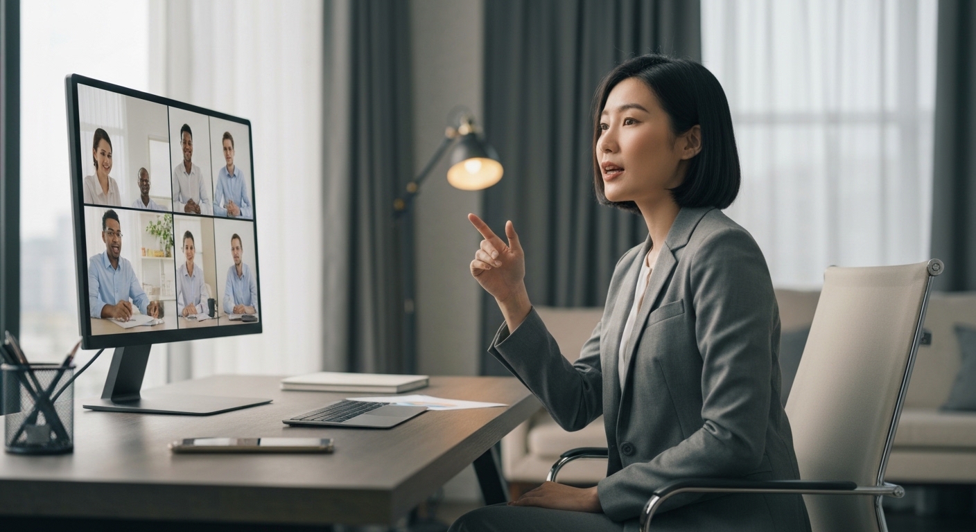 A professional woman in a modern, well-lit home office, actively participating in a high-definition video conference with a diverse team on her large monitor, surrounded by strategically placed notepads and a cup of coffee.