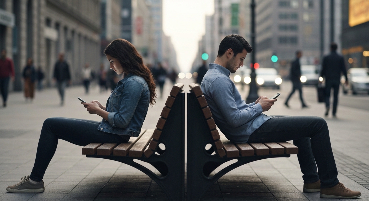 Two individuals sitting on opposite ends of a long park bench in an urban setting, both deeply engrossed in their smartphones, separated by an invisible but palpable barrier, symbolizing social disconnect despite physical proximity and the isolating nature of personalized digital consumption