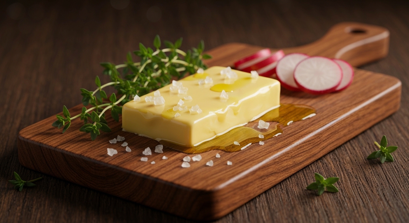 A beautifully styled wooden butter board spread with softened butter, topped with flaky sea salt, fresh thyme sprigs, thinly sliced radishes, and a drizzle of honey, surrounded by artisan bread slices.