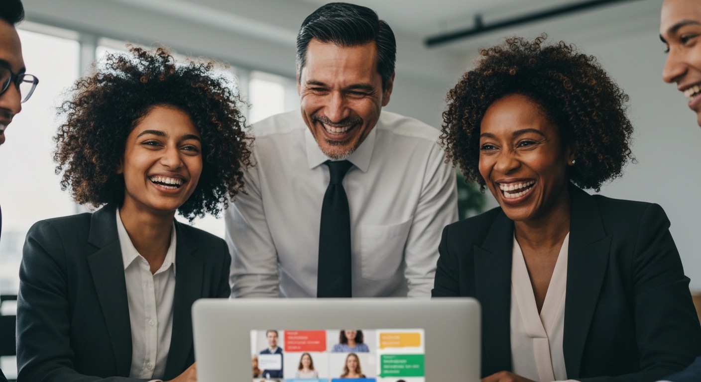 A diverse group of professionals smiling and interacting enthusiastically during a well-organized virtual networking event on a laptop screen, with multiple video feeds showing engaged participants