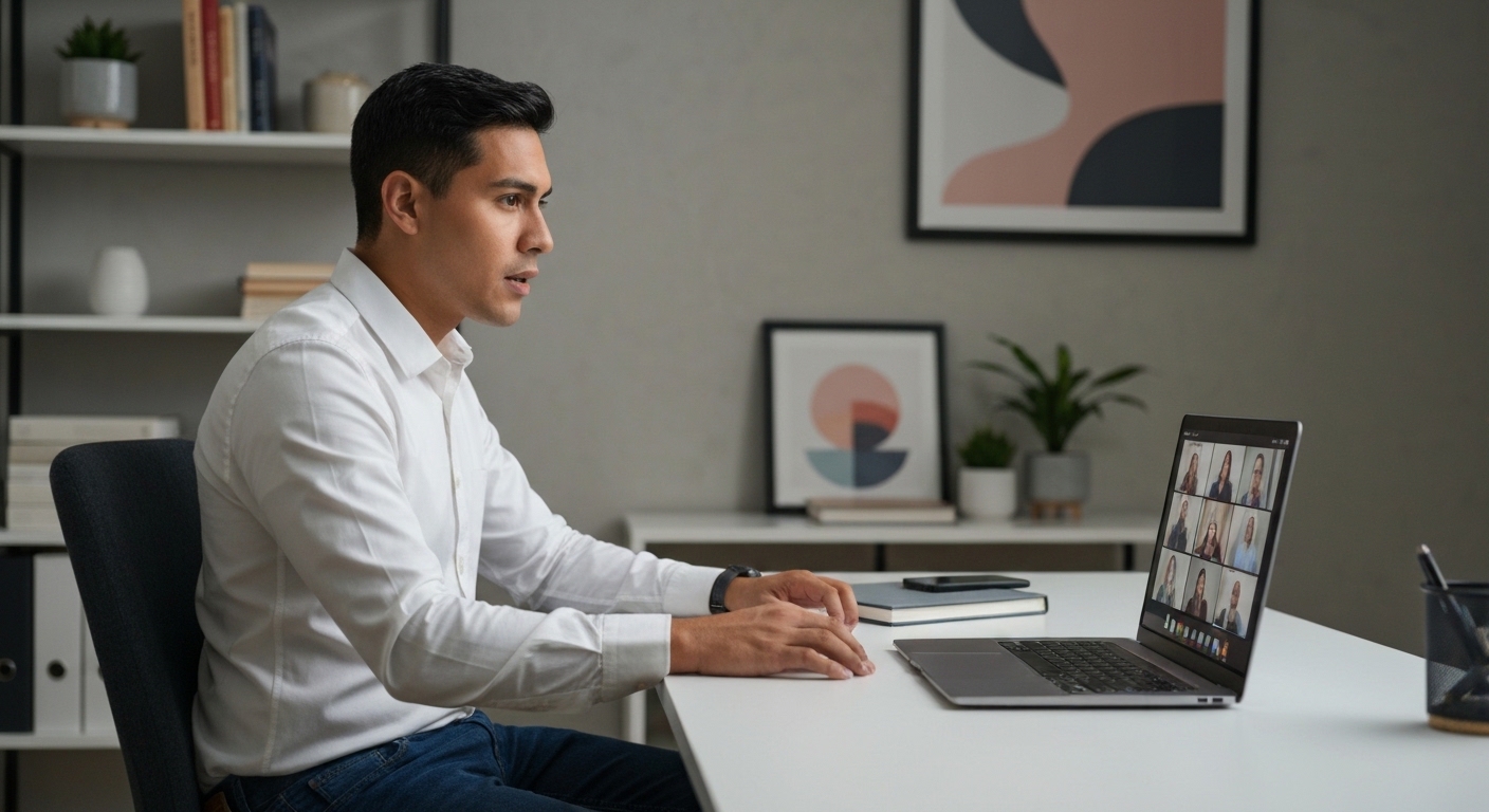 A young, focused professional in a modern home office, actively participating in a video conference with a determined expression, surrounded by subtle signs of productivity like a well-organized desk and a whiteboard with ideas