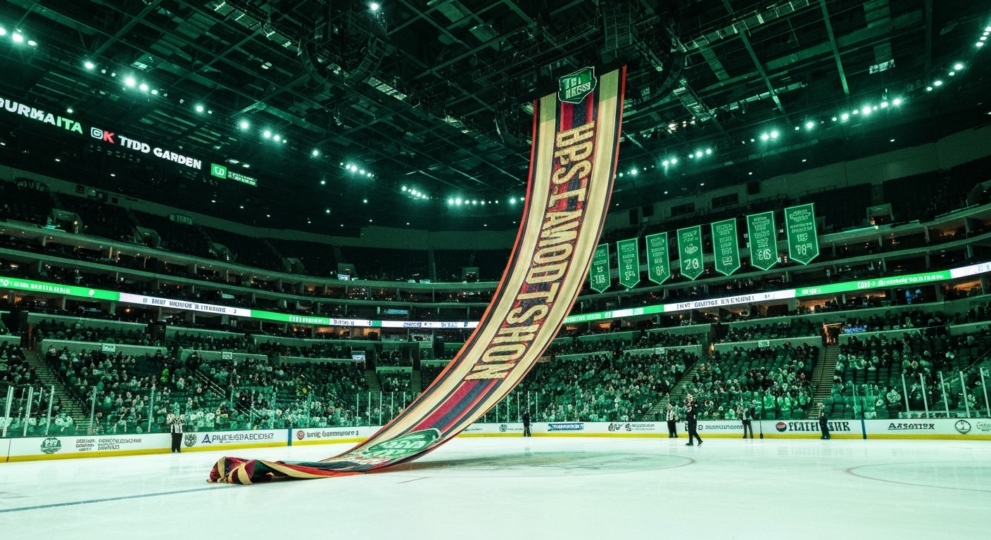 A wide shot of the iconic TD Garden interior, illuminated by vibrant green lights, with a new championship banner being slowly unfurled and ascending towards the ceiling as the crowd cheers wildly below.