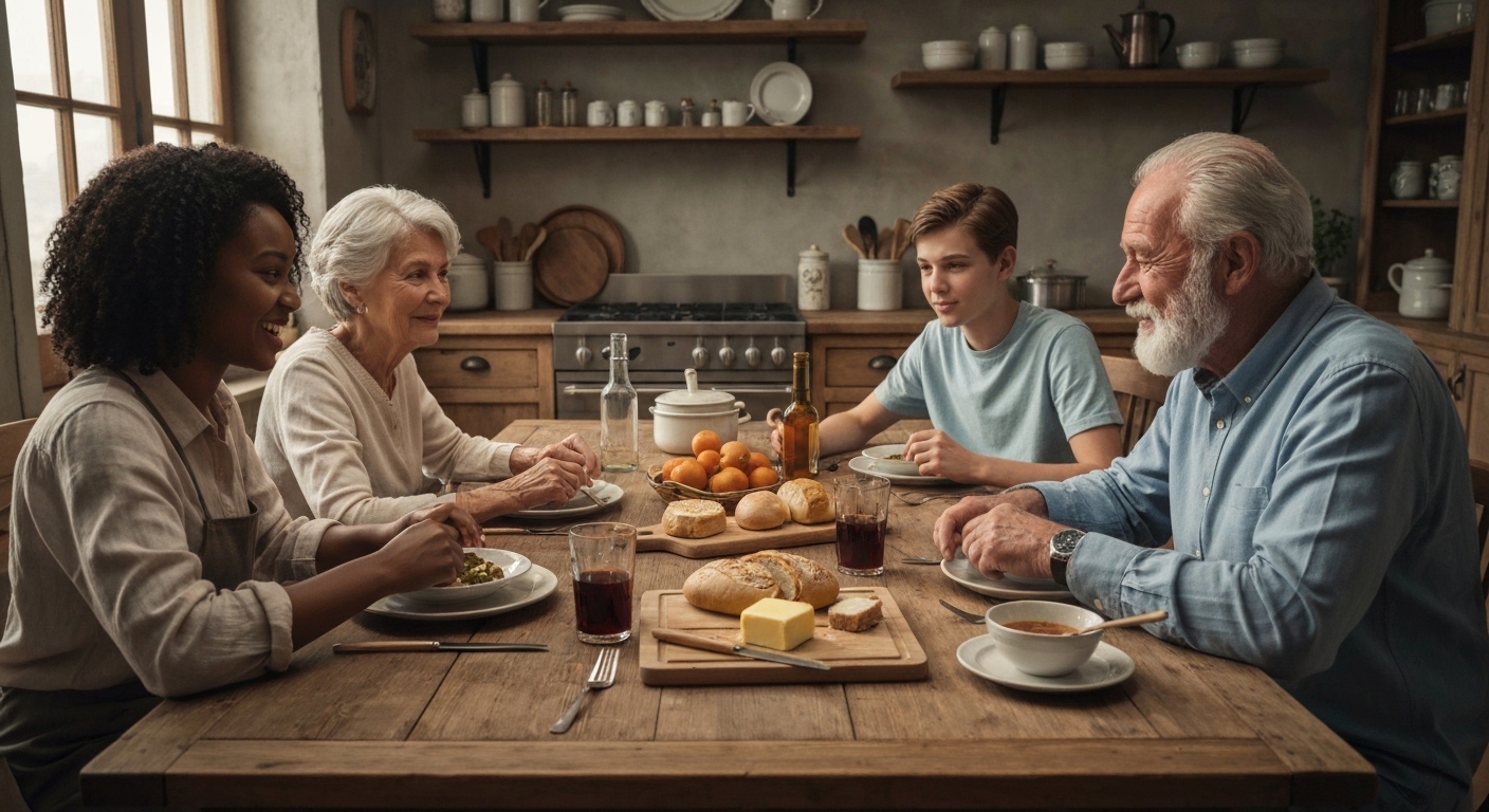 A rustic farmhouse kitchen table setting with a diverse family of various generations gathered around, laughing and sharing from a large butter board as the centerpiece, surrounded by various breads, small bowls of extra toppings like jams and olives, and warm beverages.