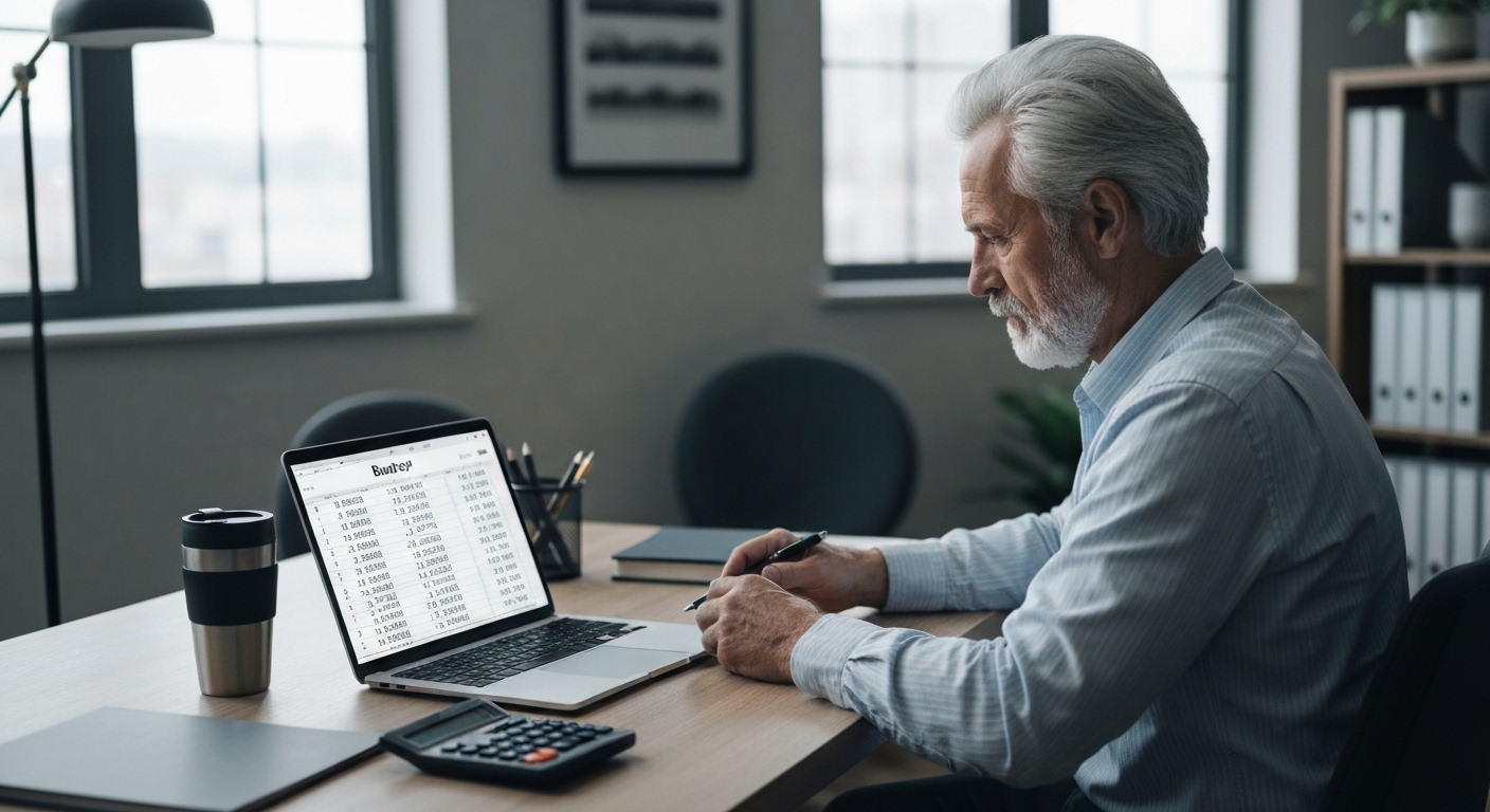 A person meticulously reviewing a digital budget spreadsheet on a laptop, with a calculator and a cup of coffee nearby, in a well-organized home office setting, daylight