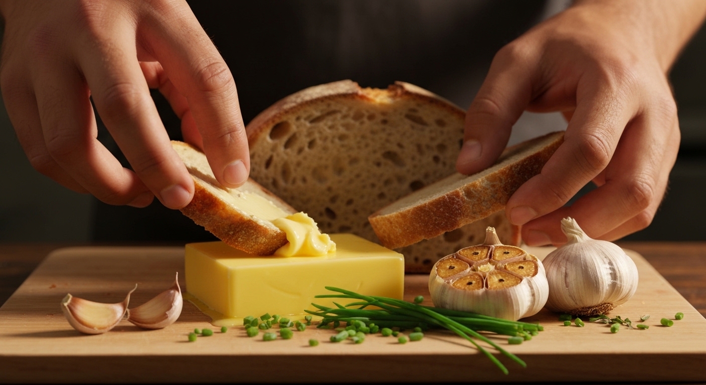 Close-up of hands reaching for slices of sourdough bread to scoop butter from a butter board adorned with roasted garlic cloves, chopped chives, and edible flowers, on a rustic wooden table.