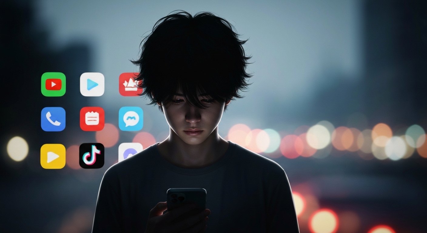 A lone figure silhouetted against a glow of multiple social media app icons, looking down at a smartphone with a somber expression, surrounded by blurred, indifferent faces in a public space.