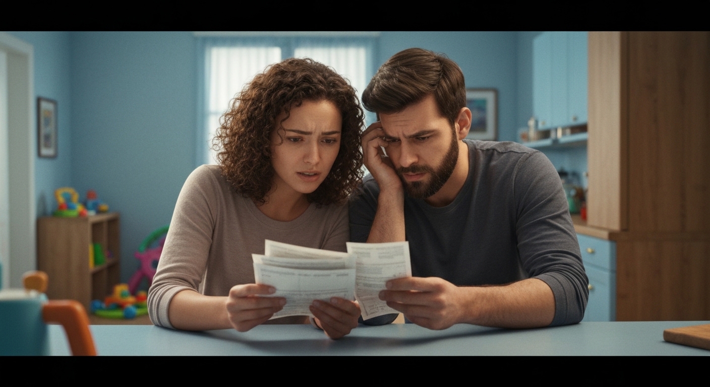 A young working-class couple in their kitchen looking stressed while reviewing bills, with a subtle background of a small child's toys