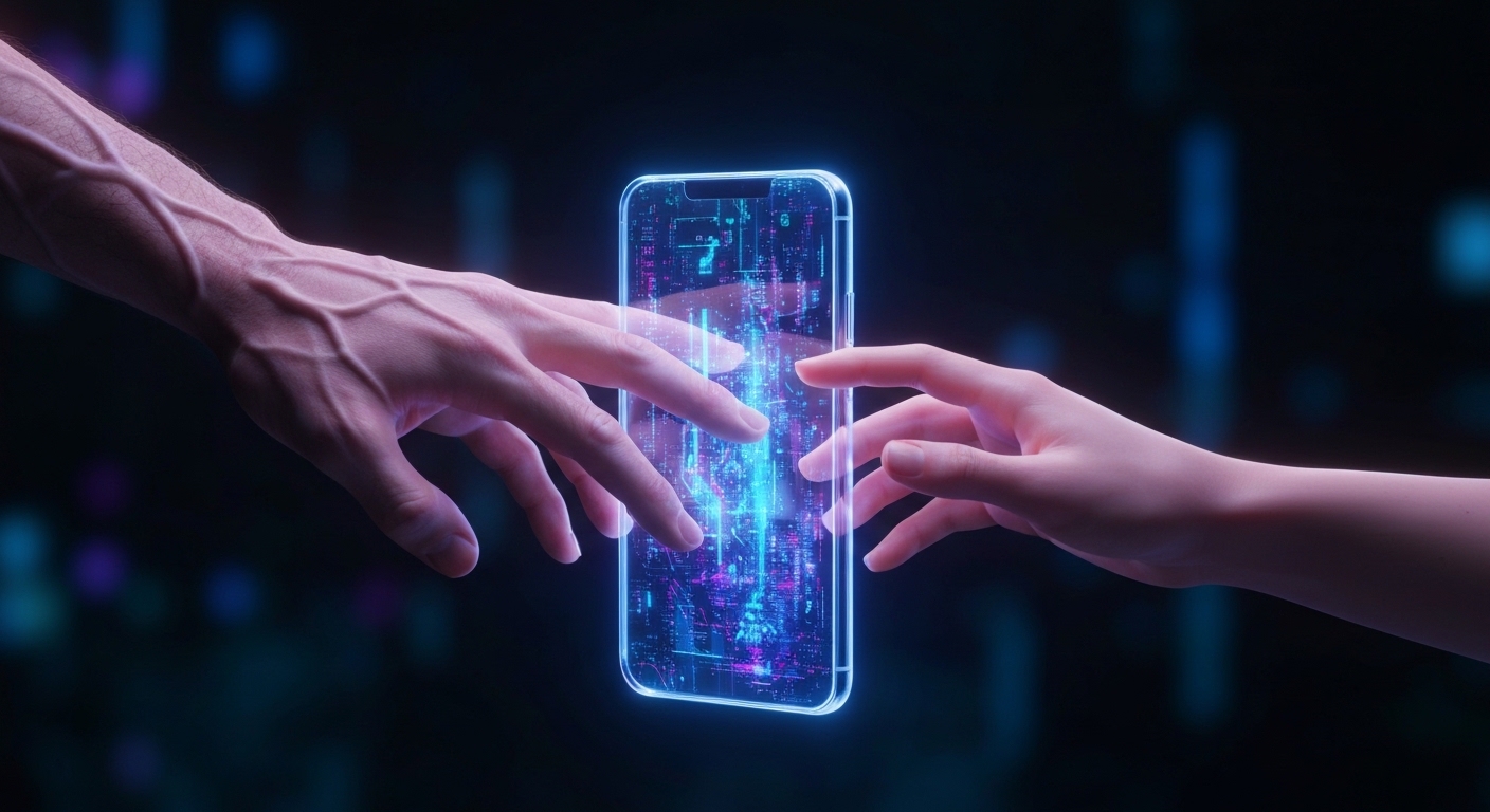 Two hands reaching towards each other, almost touching, but a translucent, glowing smartphone screen with abstract digital patterns separates them, symbolizing a barrier to genuine connection.